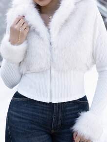 Melissa Matos Fashionable Street Style White Faux Fur Zip-Up Long Sleeve Jacket For Women, Autumn/Winter,Fall - White - View 5