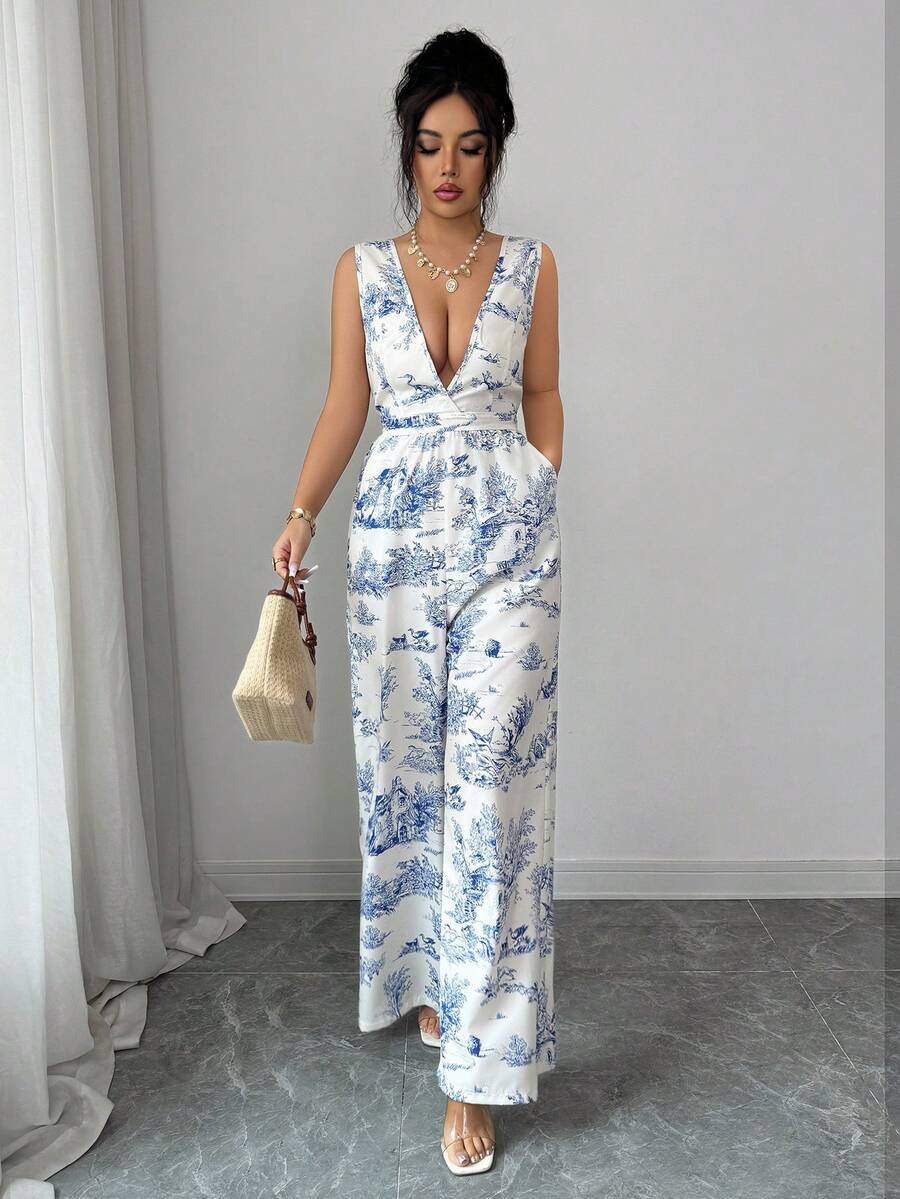 Elenzga Women's Deep V-Neck Botanical Print Sleeveless Wide Leg Jumpsuit - Blue - View 1