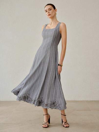 MOTF PREMIUM 女士夏季牛仔方领无袖刺绣镂空连衣裙