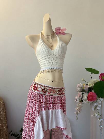 INAWLY Women Pendant Decor Backless Halter Cropped Knit Top