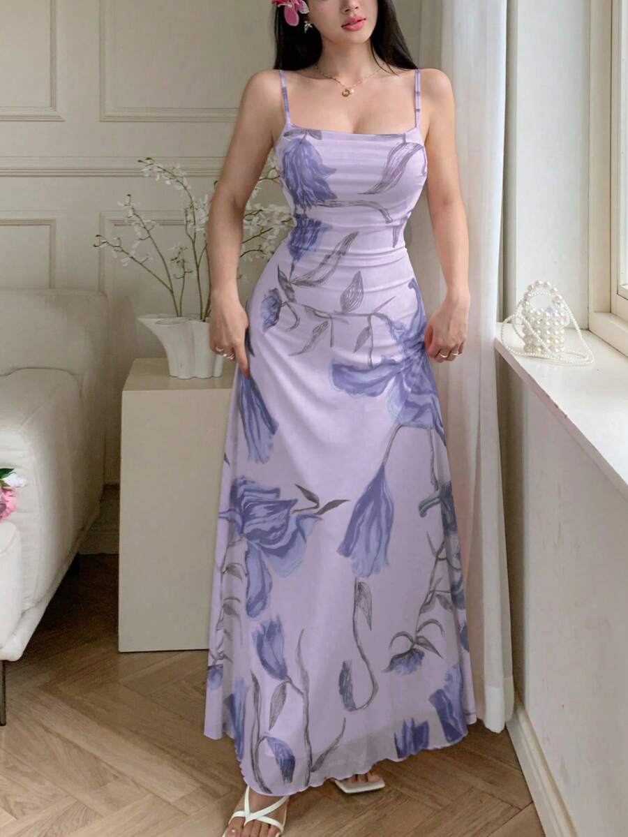 Modelyn 女士网纱印花吊带荷叶边腰身夏季休闲连衣裙 - 淡紫色 - 查看 1