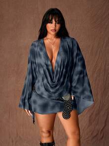 Rustia 深V领透视豹纹紧身连衣裙，泡泡袖设计，性感派对装，适合初秋穿着 - 藍色 - 查看 1