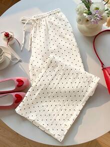 SHEIN EZwear 女款編織圓點圖案綁腰寬腿長褲 純棉 白色 夏季 度假款 - 白色 - 查看 7