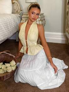 Glamine Charm Fashionable Vacation Sexy Yellow Hollow Embroidery Backless Halter Shirt - Yellow - View 1