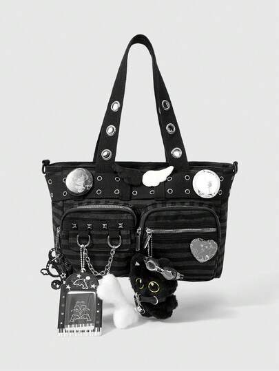 ROMWE Grunge Punk 1 chiếc túi tote nhiều ngăn, dung tích lớn, kiểu dáng punk màu đen xám đậm, dành cho sinh viên đại học, có đinh tán kim loại, hình cánh rỗng, vỏ thẻ, hình xương, đàn guitar, mèo, nốt nhạc, phù hợp cho đi làm hàng ngày, đi học, hẹn hò, mua sắm, v.v.