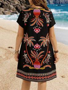 EMERY ROSE 大码彩色印花蝙蝠袖休闲度假连衣裙，女士夏季穿搭/夏季/夏季服装，波西米亚风女装 - 彩色 - 查看 2