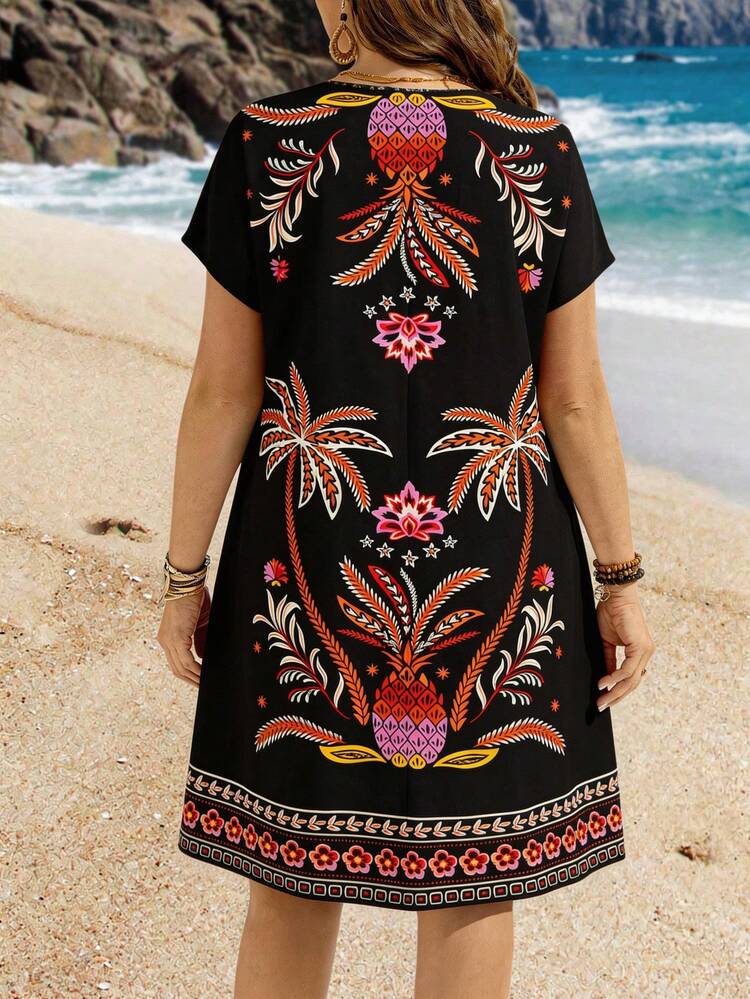 Plus Size Colorful Floral Print Batwing Sleeve Casual Vacation Dress,Summer Outfits For Women Summer Clothes, Boho Women Clothing