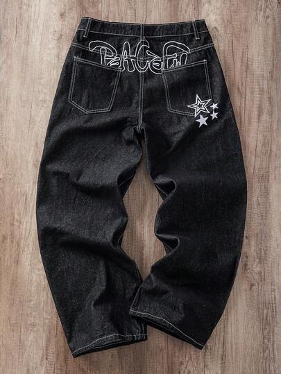 Manfinity Joysei Casual Loose Fit Wide Leg Jeans With Back Pocket Star & Letter Embroidery Design