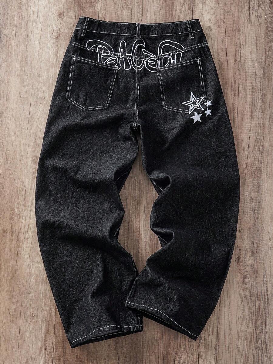 Manfinity Joysei 休闲宽松阔腿牛仔裤，后袋饰有星星和字母刺绣图案 - 黑色 - 查看 1