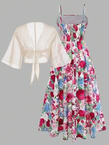 Franclia 大码女士碎花雪纺连衣裙和外套两件套，优雅夏季女装度假套装，春季女士夏季服装，女士春季服装，复古碎花连衣裙，复活节女士套装，春季女装，女士连衣裙，女士婚礼宾客服装，花园派对服装 - 彩色 - 查看 2