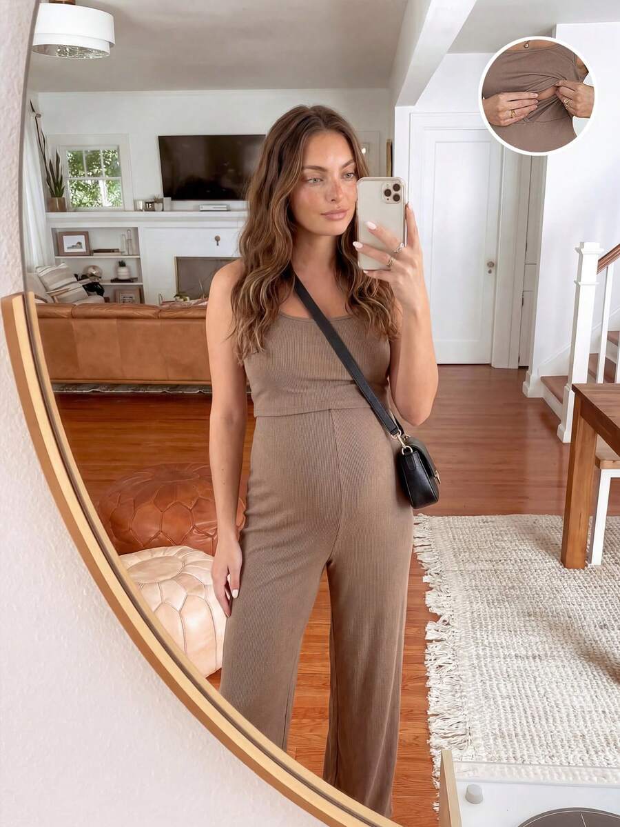 SHEIN Maternity Solid Color Square Neck Ribbed Casual Nursing Jumpsuit - Brown - View 1