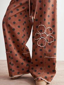 Bohemela 女士休闲舒适 Y2K 波西米亚风音乐节西部乡村复古水洗斜纹牛仔拼接波点宽松阔腿裤 - 卡其色 - 查看 5