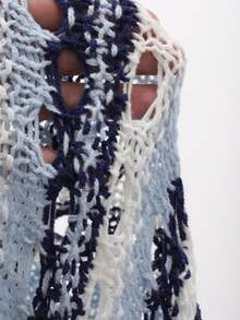 DAZY Contrast Stripe Hollow Out Loose Cropped Long Sleeve Casual Vacation Summer Lightweight Knit Sweater For Women - Blue - View 8