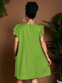 Maweii 女士黑色卡通印花A字圆领喇叭袖休闲度假连衣裙，简约日常穿搭，新品上市，时尚小众设计，大码及膝款 - 綠色 - 查看 4