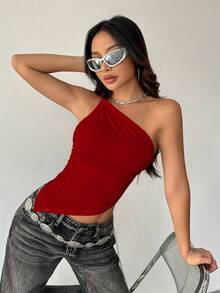 Flirla Women's Solid Color Ruched Asymmetric Hem Fitted Sleeveless Top - Redwood - View 7