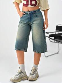 SHEIN 100% Cotton Low Waist Washed Denim Jort - Medium Wash - View 4