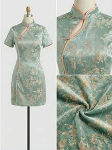 EastFlair Women's Jacquard Chinese Style Short Sleeve Elegant Mini Dress Chinese Style Dress Asian Dress Cheongsam Dress Chinese Outfit Women Qipao Dress - Green - View 7