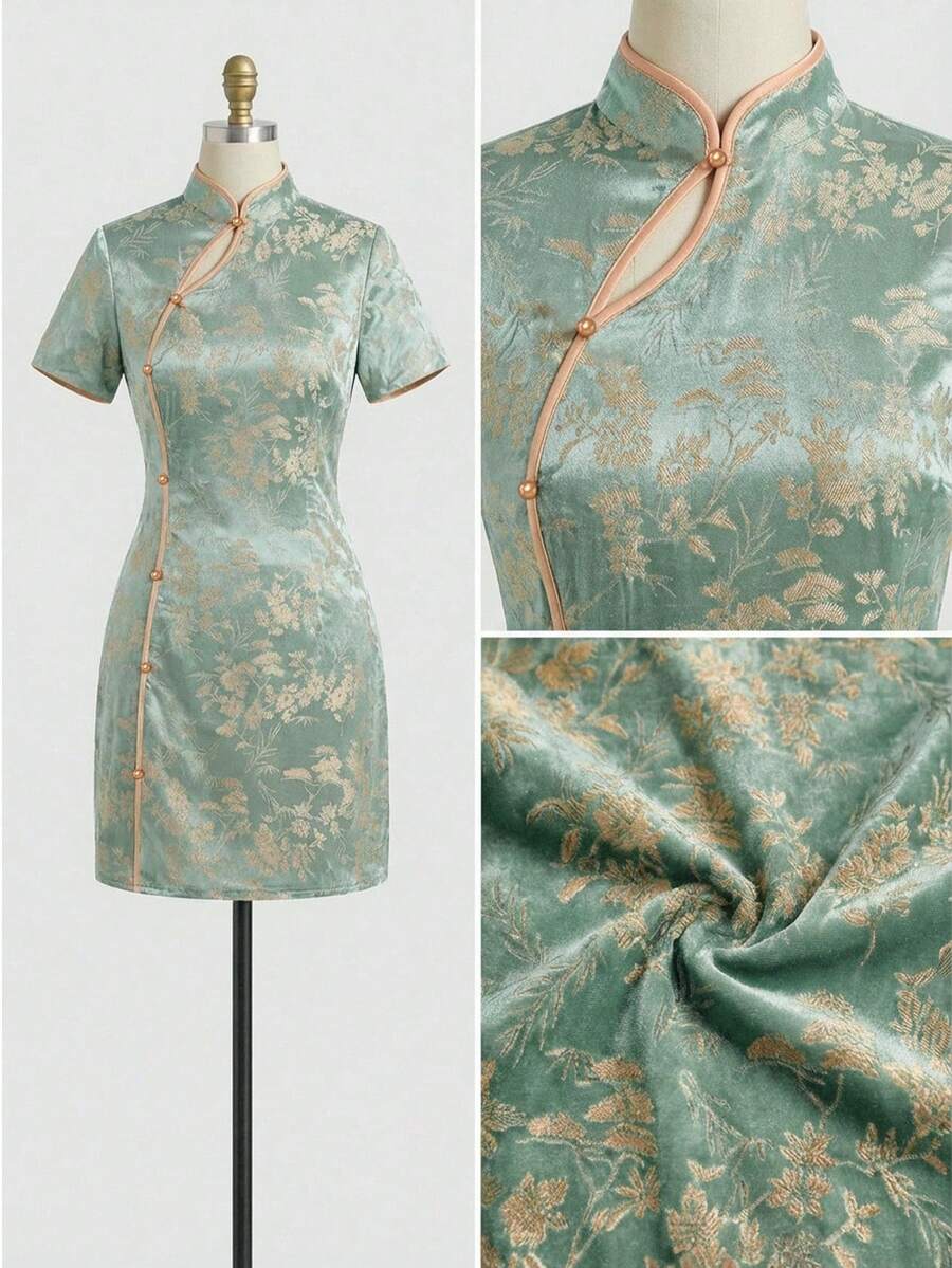 EastFlair 女士提花中国风短袖优雅迷你连衣裙 - 綠色 - 查看 1