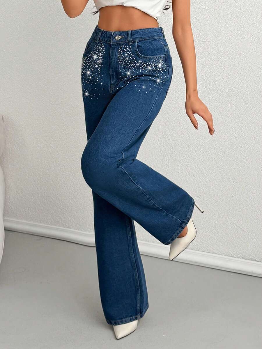 SHEIN Jeans de pierna ancha con lavado y bordado de strass de tiro alto para mujer - Azul - Ver 1