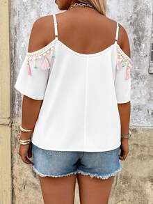 Breezaya 大码纯色流苏拼接露肩休闲度假女式衬衫，春夏款 - 杏色 - 查看 2