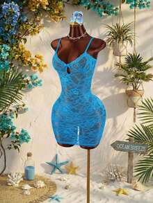 Amplova Y2K Blue Low-Cut Lace Sexy Sheer Mini Dress For Women - Blue - View 3