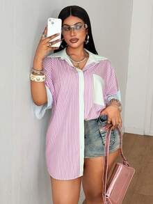 Maweii Women's Casual Loose Fit Colorful Striped Print Short Sleeve Shirt,Plus Size Elegant Smart Casual Pink Autumn Vacation Top,Fashionable Beach - Multicolor - View 7