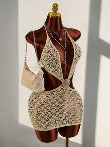 Amplova 女士露背吊带针织披肩，饰有贝壳，性感前卫，适合度假装扮，可爱复古迷你连衣裙披肩 - 杏色 - 查看 7