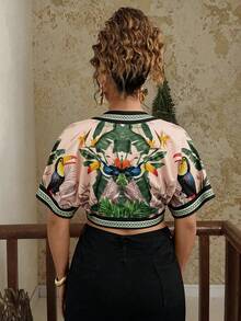 Travachic 大码女式热带植物印花系带短袖露脐衬衫 - 彩色 - 查看 2