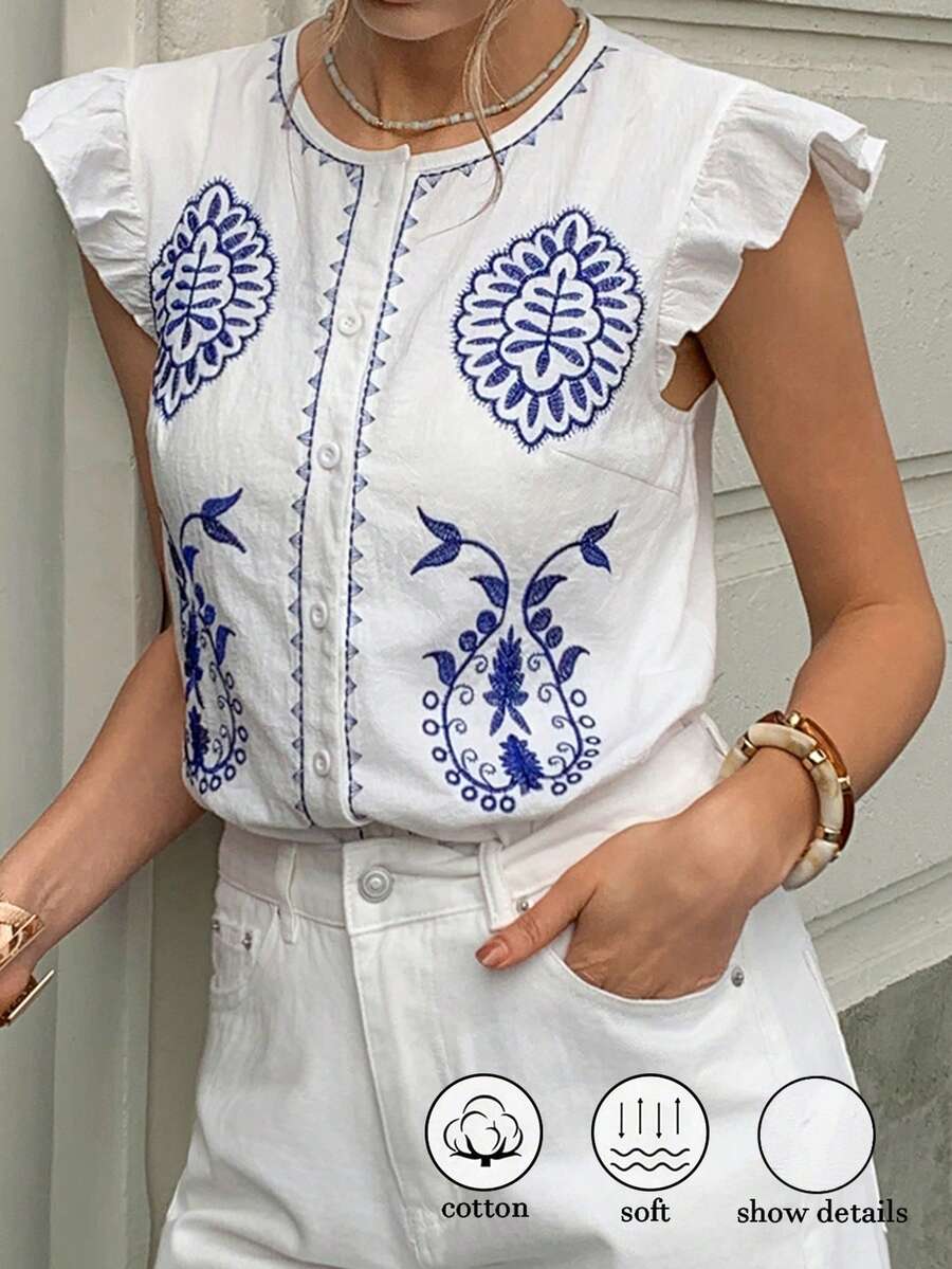 Elyressa Women's Vacation Casual Embroidered Cap Sleeve Blouse - White - View 1