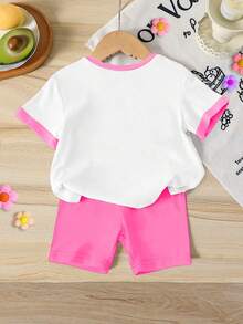 2件套女童休闲甜美海滩度假风套装，短袖T恤和紧身短裤，粉色T恤和裤子上印有英文文字、珍珠蝴蝶结和贝壳图案，适合春夏穿着，4-7岁儿童。 - 白色 - 查看 4
