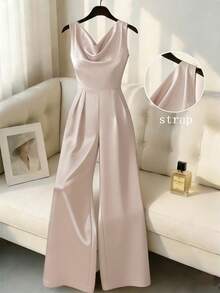 Franclia Mono de satén con escote pronunciado para mujer - Champán - Ver 1