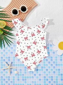 SHEIN Baby Girls' Cute Polka Dot Heart Bow Tie Ruffled One-Piece Swimsuit, Fashionable Casual Swimwear, Suitable For Girls, Swimming, Vacation, Beach, Pool, Photography, Summer Holiday Gift - Multicolor - View 3