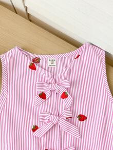 SHEIN 少女休闲简约条纹荷叶边背心套装 - 淺粉色 - 查看 7