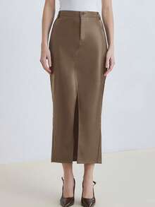 Aveloria Modichic Women's Solid Color Pocket Slit Hem Fashion PU Mid-Length Skirt - Camel - View 5