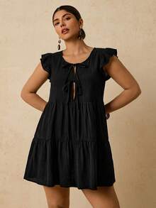 Travachic Plus Size Women Solid Color Front Tie Cap Sleeve Cute Dress - Black - View 10