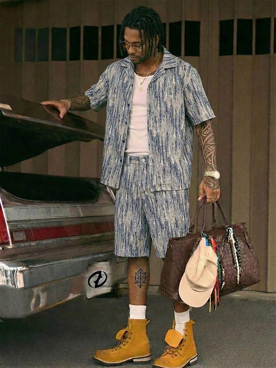 AXEPEAK 男士休闲时尚街头印花短袖衬衫短裤套装，夏季