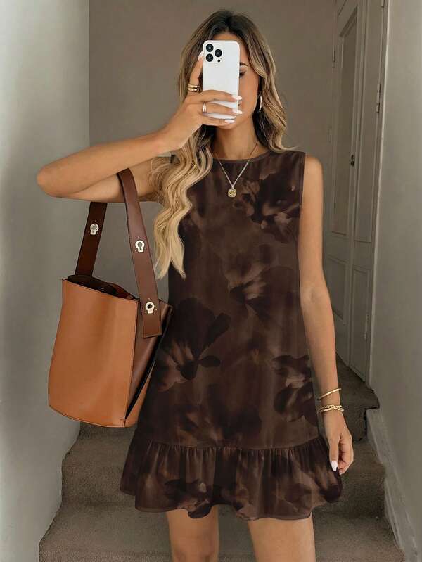 Easowa Vestido mini de mujer con estampado floral retro marrón, adecuado para primavera/verano, salidas, playa, viajes, fiestas, bodas