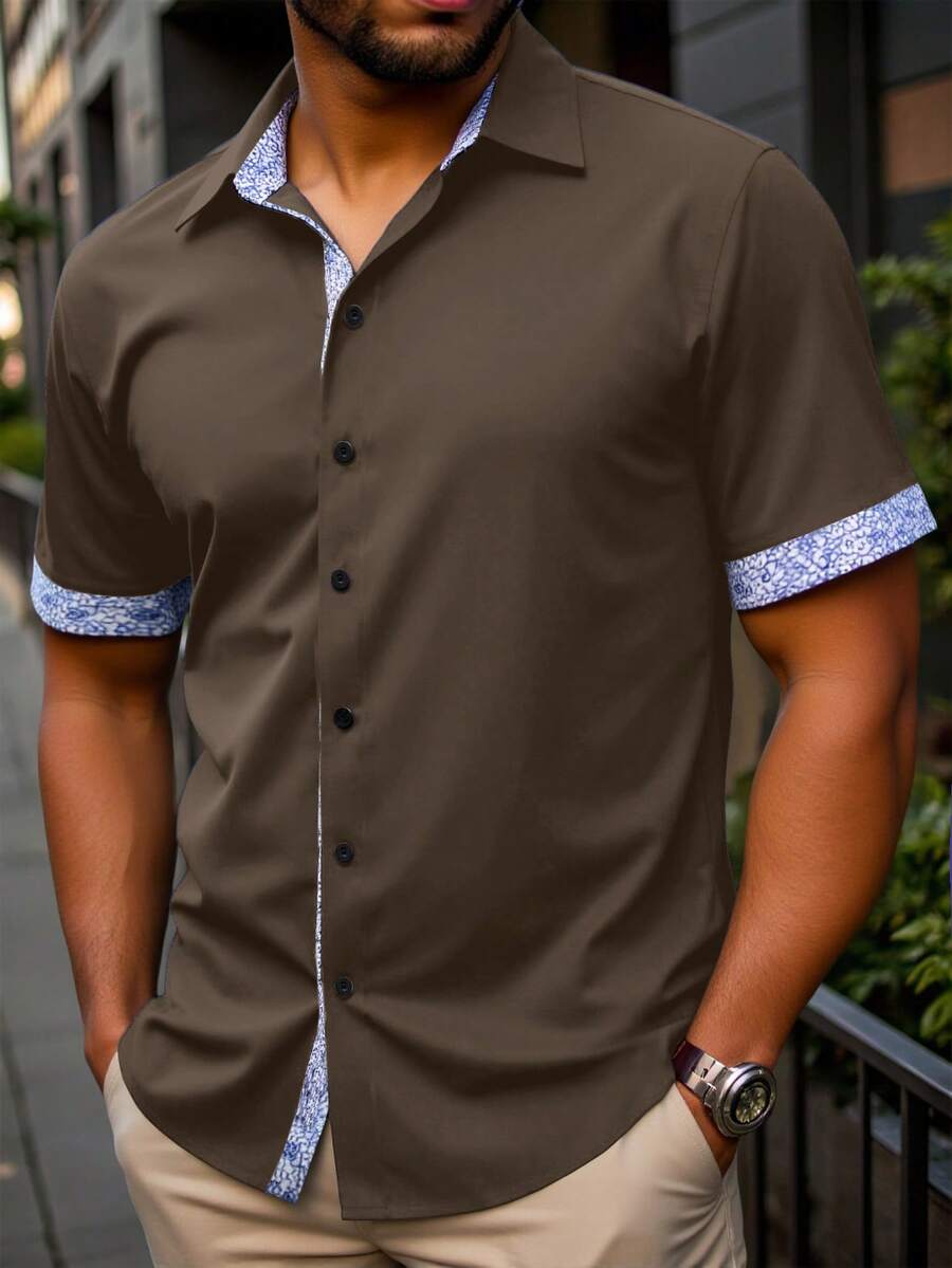 Manfinity Homme Plus Size Men's Contrast Color Short Sleeve Single-Breasted Casual Shirt - Brown - View 1