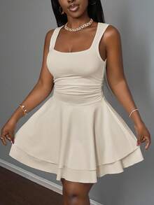 Slaydiva 2026春夏新款休闲度假浪漫基础款街头性感优雅通勤派对夜店俱乐部纯白无袖层叠迷你连衣裙，大码女装 - 杏色 - 查看 3