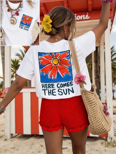 SHEIN Unity Plus Size Women Heart Eye Pattern Round Neck Short Sleeve Casual T-Shirt