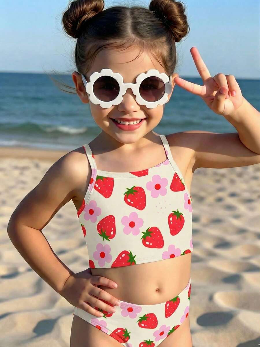 SHEIN 可爱草莓花图案，海滩度假风，少女休闲简约修身吊带背心和三角比基尼泳衣套装，适合夏季休闲度假，#椰子女孩 - 彩色 - 查看 1