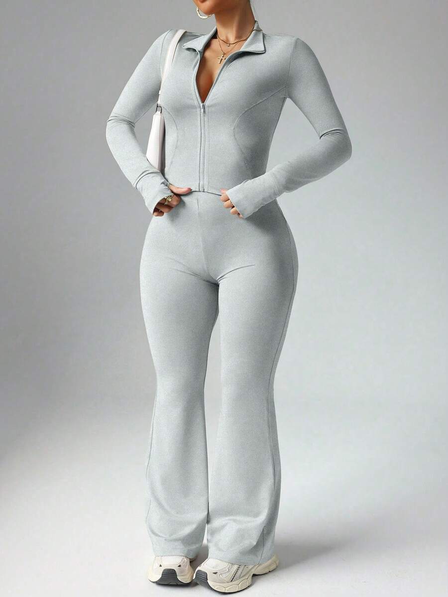 SHEIN Rhythm Era 女式加大码休闲拉链夹克（带拇指孔）和高腰喇叭裤两件套 - 灰色 - 查看 1
