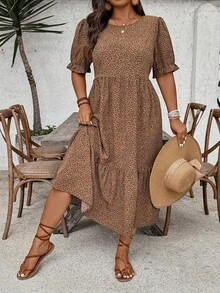 SHEIN CURVE+ 大码女式夏季豹纹圆领短袖收腰A字层叠连衣裙，休闲西部海滩岛屿波西米亚风连衣裙 - 彩色 - 查看 4
