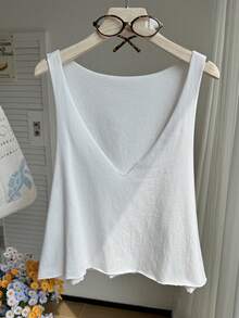 SHEIN EZwear 大码女式休闲纯色深V领宽松背心 - 白色 - 查看 3