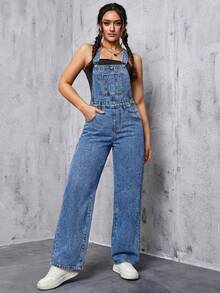 SHEIN ICON Bộ áo liền quần denim nữ kiểu dáng thường ngày, đa năng, có túi. - Rửa trung bình - Xem 5