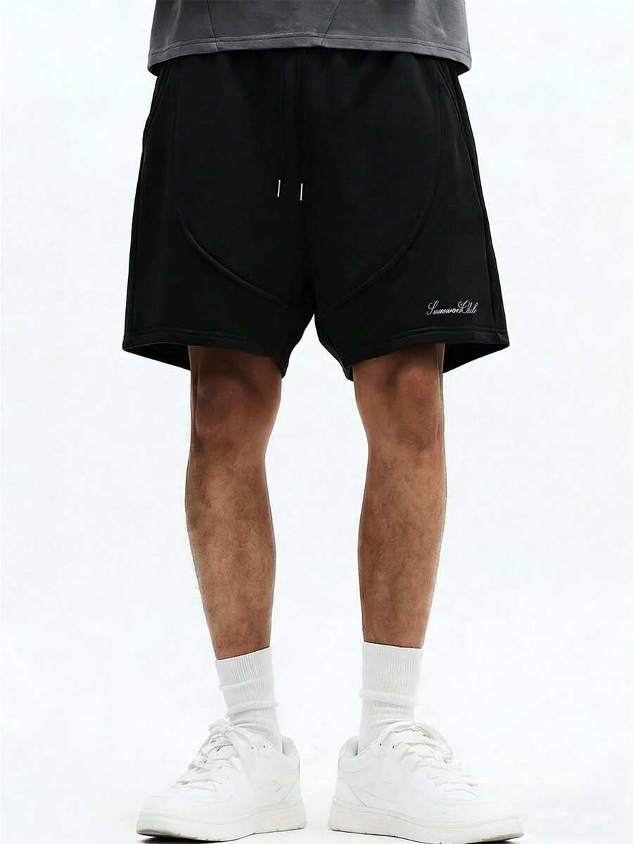 SUMWON Quần short nam màu đen có dây rút, thêu logo chữ, kiểu dáng thoải mái, thích hợp mặc ở nhà vào mùa hè, cạp chun co giãn. - màu đen - Xem 1