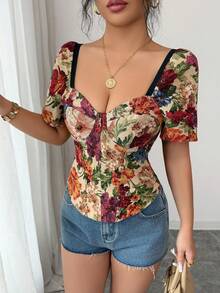 Pariaura Áo ngắn tay nữ tay ngắn, họa tiết hoa jacquard hình trái tim nhiều màu sắc, ôm eo, thích hợp cho kỳ nghỉ lãng mạn. - Nhiều màu - Xem 6
