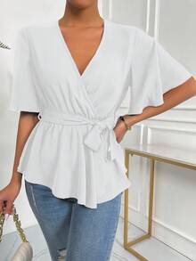 EMERY ROSE Solid Wrap Belted V-Neck Blouse Peplum Top - White - View 5