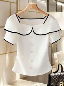 Franclia Women's Casual Contrast Trim Everyday Shirt - Black and White - View 3