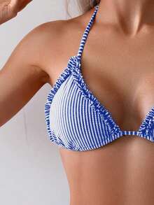 Swim Mod Conjunto de bikini de mujer con rayas, estilo náutico, patchwork, ribete de volantes y lazo - azul real - Ver 4